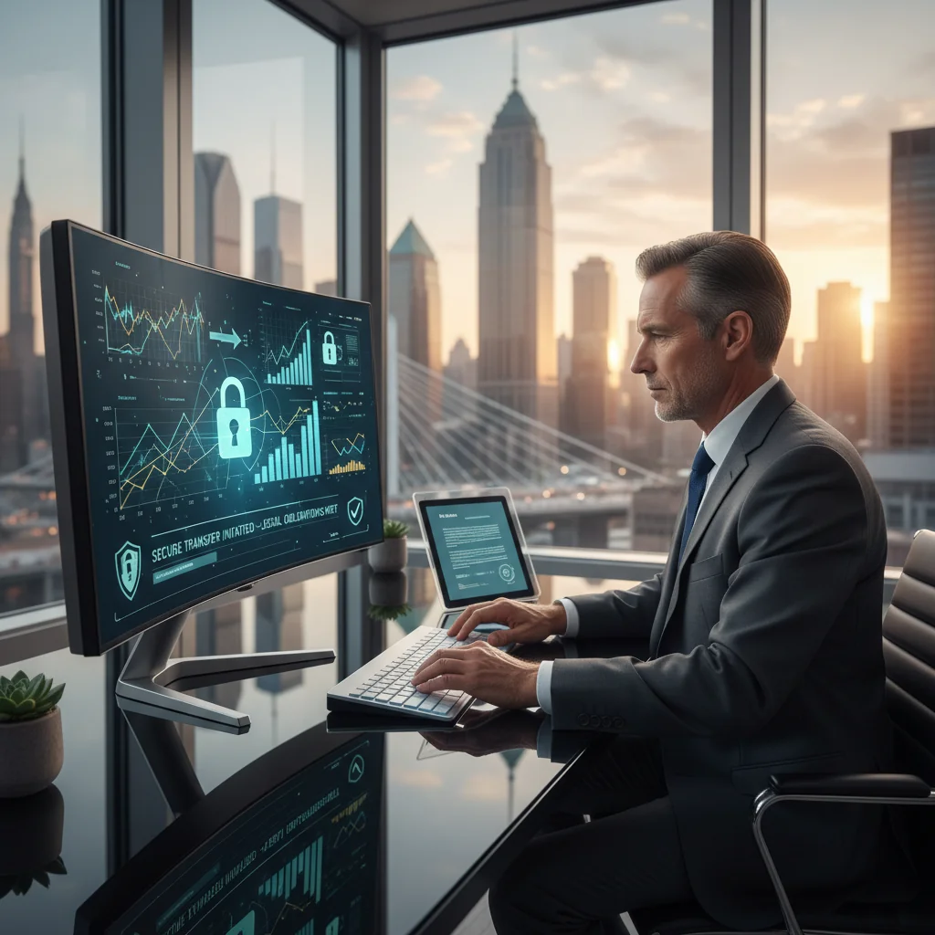 A photorealistic image depicting a professional adult in a modern office environment, confidently handling a financial transaction on a computer, symbolizing the secure and legal transfer of securities in a business context. The scene conveys trust, efficiency, and legal compliance without showing any documents or children.