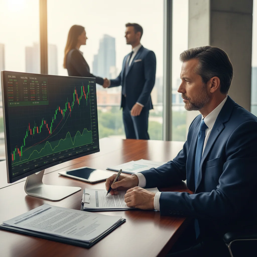 A photorealistic image of a confident adult professional in a modern office setting, reviewing stock investment charts on a computer screen, symbolizing the transfer of shares in a stock transfer agreement, with elements like stock market graphs and a handshake in the background to represent business dealings.
