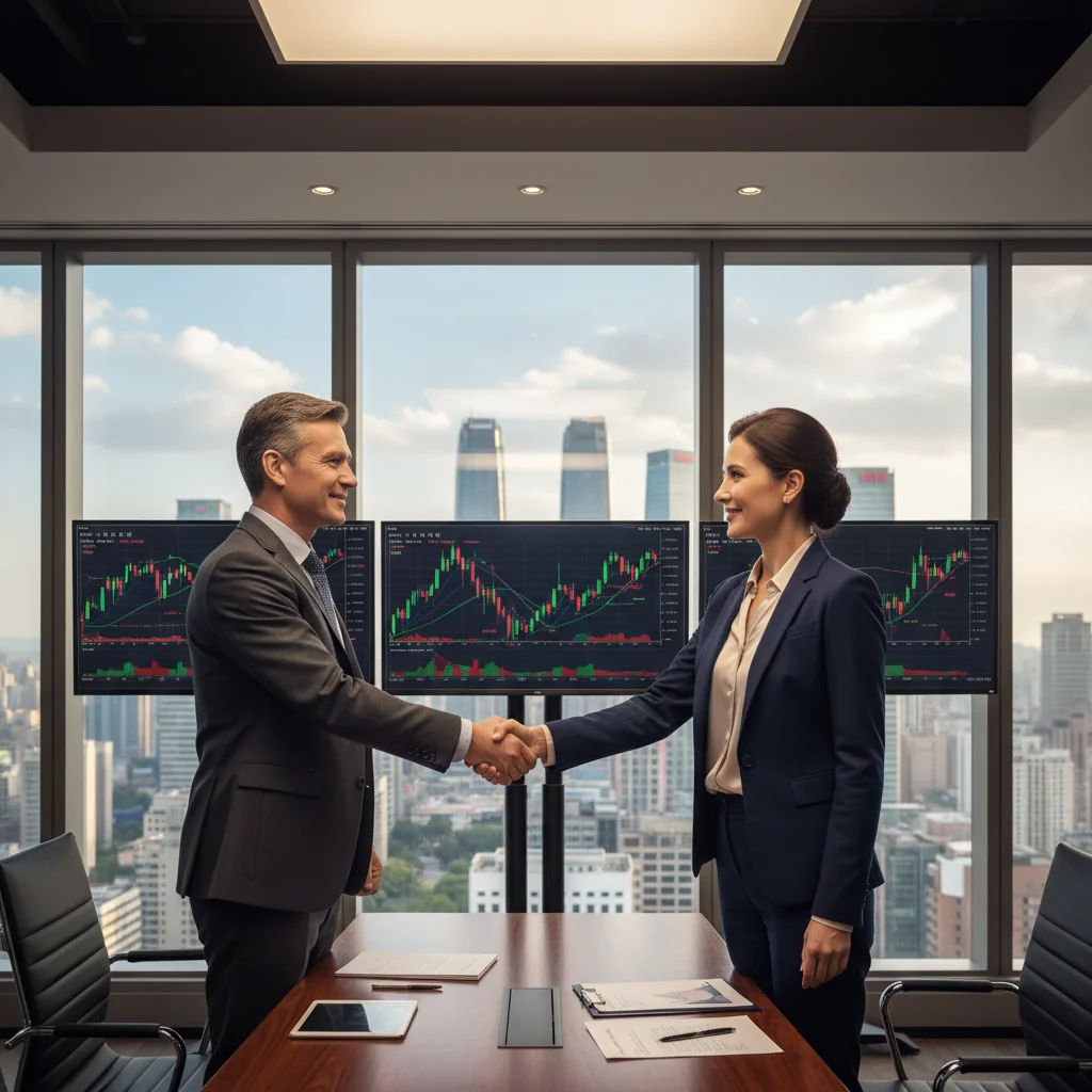 A photorealistic image depicting two professional adults in a modern Chinese office, shaking hands over a conference table to symbolize a stock transfer agreement, with subtle elements like stock market charts on screens in the background, conveying business partnership and legal caution without showing any documents.