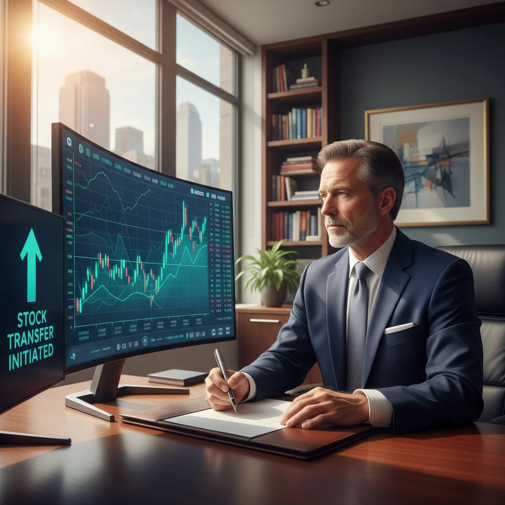 A photorealistic image of an adult professional investor in a modern office setting, confidently reviewing stock market charts on a computer screen, symbolizing the transfer of shares through proper documentation, with no children present.