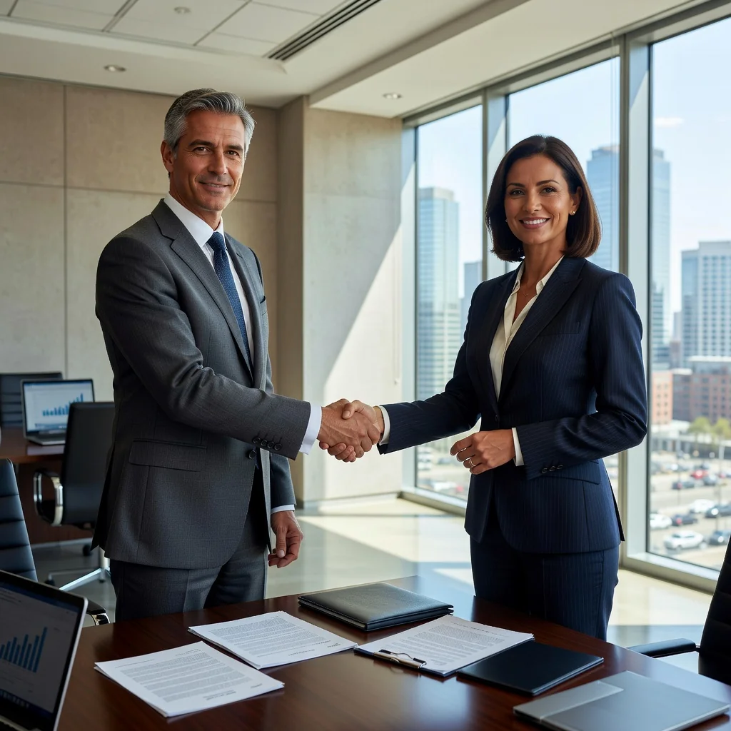 A photorealistic image of two professional adults shaking hands in a modern office setting, symbolizing the successful transfer and agreement on business shares or actions, conveying trust and partnership in a corporate transaction. No children are present in the image.