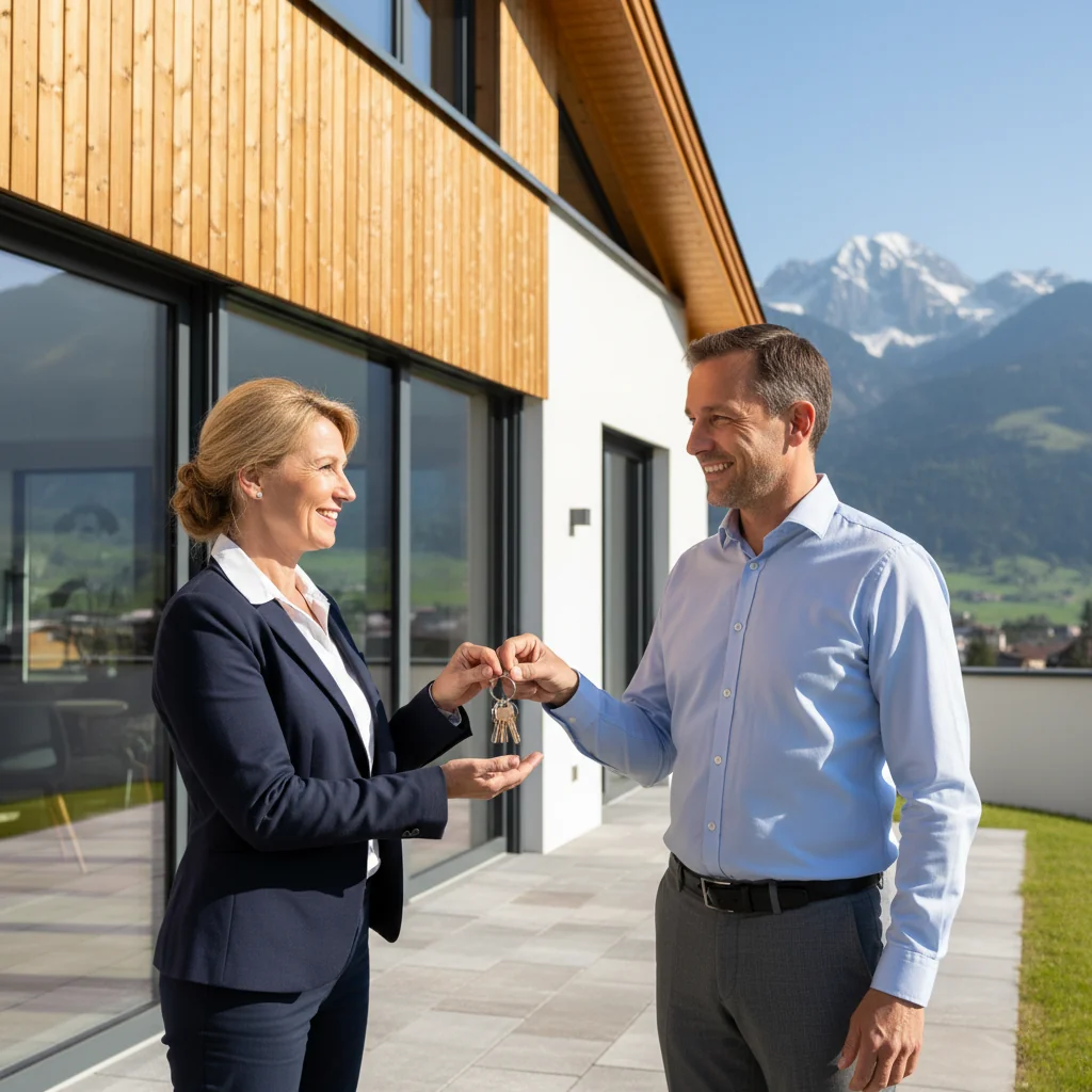 A photorealistic image representing the transfer of property ownership in Austria, showing a professional real estate agent handing over keys to a happy adult buyer in front of a modern Austrian house, with scenic Alps in the background, symbolizing the successful completion of a property transfer process.