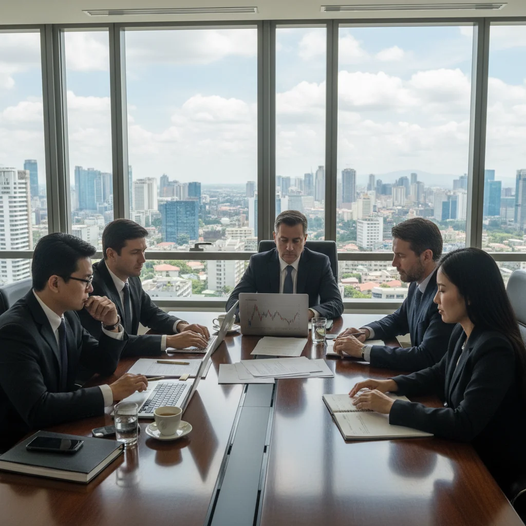 A photorealistic image of a professional business meeting in a modern Philippine office, where adults are discussing stock investments and company shares around a conference table with laptops and charts, symbolizing corporate ownership and transfer processes, no children present.