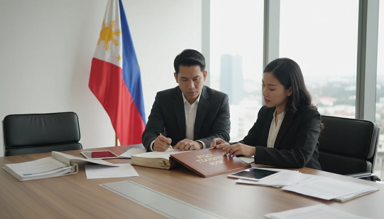 Business professionals reviewing transfer book.