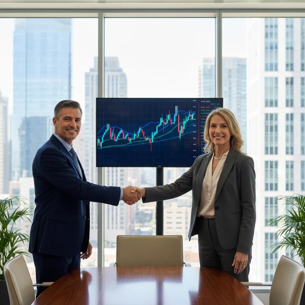 A photorealistic image of two professional adults in a modern office setting, shaking hands over a conference table to symbolize a business agreement or stock transfer, with subtle background elements like stock charts on a screen, conveying trust and legal partnership without showing any documents.