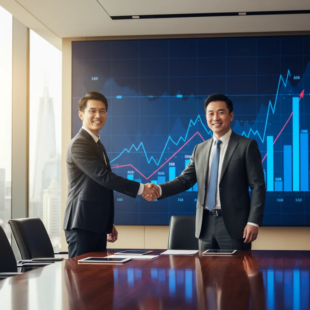 A professional business meeting in a modern Chinese office where two Asian businessmen are shaking hands over a table, symbolizing a stock transfer agreement in the Chinese stock market. The scene conveys trust, partnership, and financial transaction without showing any documents. Photorealistic style, no children present.
