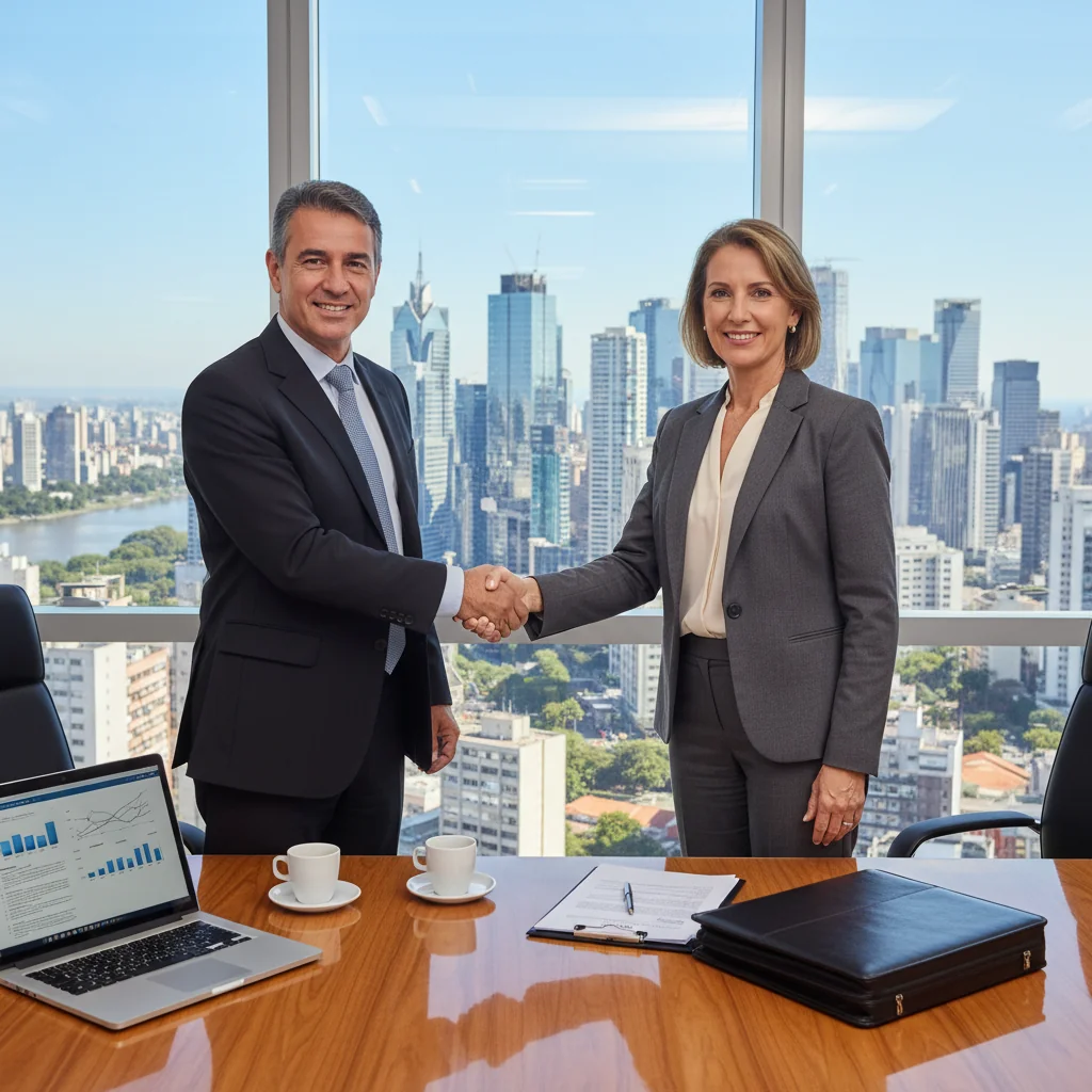 A photorealistic image depicting two professional adults in a modern Brazilian office, shaking hands over a business deal, symbolizing the transfer of company shares. The scene includes elements like a city skyline view of São Paulo in the background, briefcases, and a sense of agreement and partnership, representing the purpose of a private share transfer instrument in Brazil.