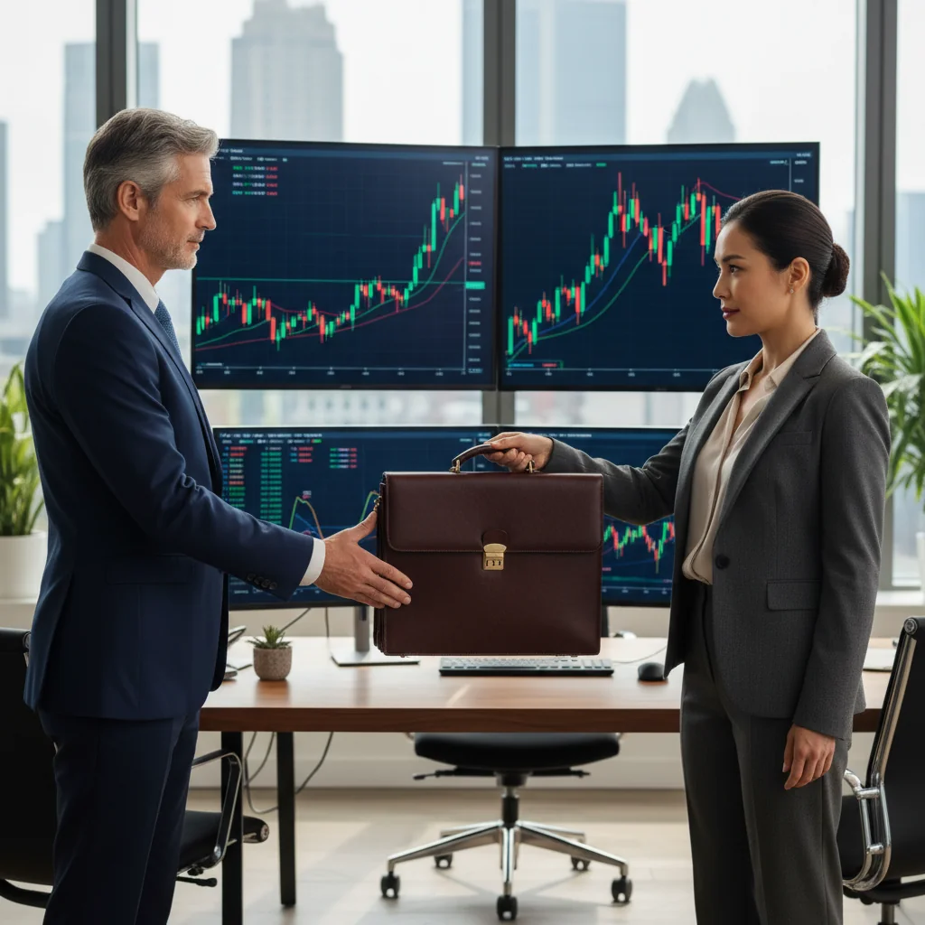 A professional scene depicting a business handover or stock transfer in a corporate office environment, showing two adults in business attire shaking hands across a desk with stock market charts in the background, symbolizing the transfer of shares without displaying any documents.