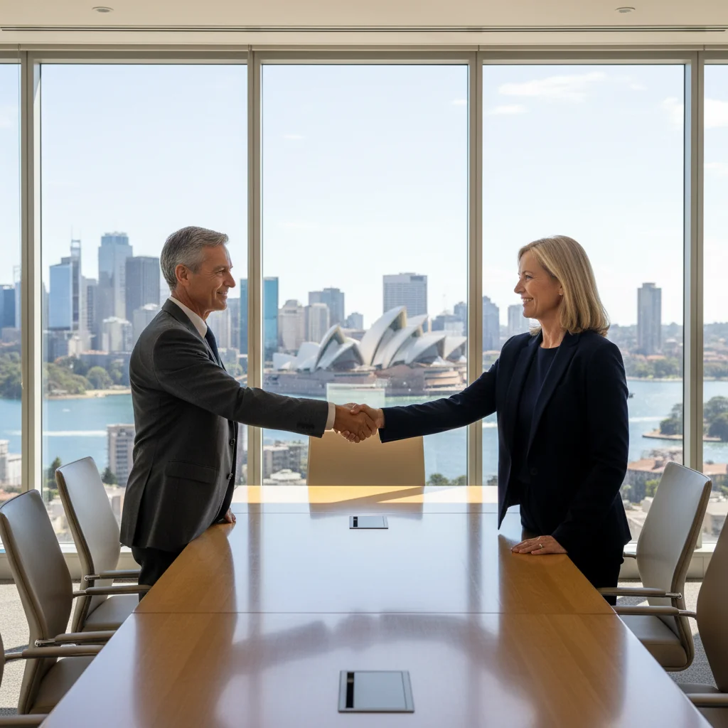 A professional scene depicting a business handover or share transfer in an Australian corporate setting, showing two adults in business attire shaking hands across a desk with Australian city skyline in the background, symbolizing smooth ownership transition without errors.