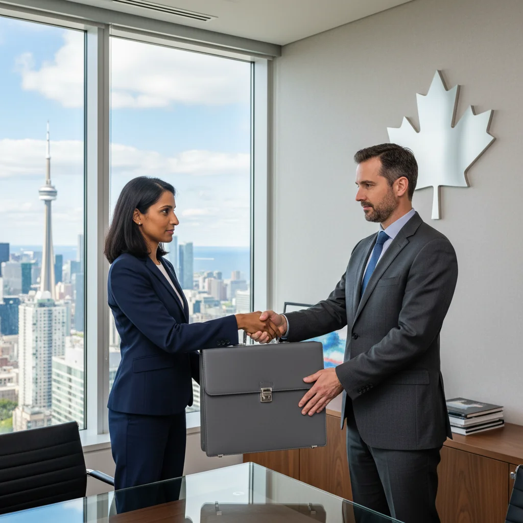 A photorealistic image of a professional adult in a modern Canadian office, handing over a briefcase symbolizing stock transfer to another professional, with Canadian flag and maple leaf elements in the background, conveying trust and business transaction without showing any documents or children.