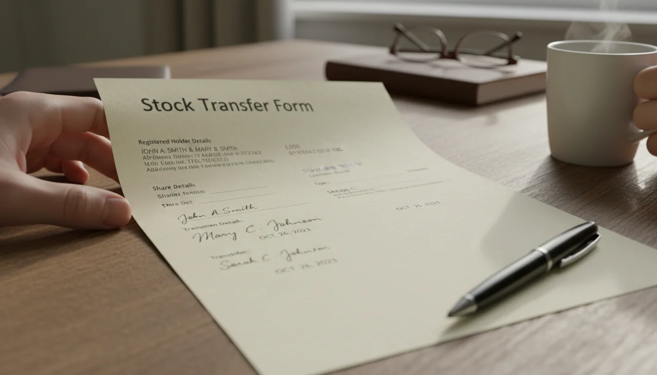 Close-up of completed stock transfer form