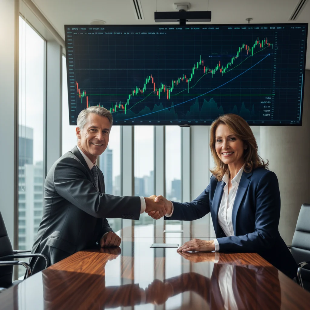 A photorealistic image of two professional adults in a modern office setting, shaking hands over a table with stock market charts displayed on a computer screen in the background, symbolizing a stock purchase agreement. The scene conveys trust and business partnership without showing any legal documents.