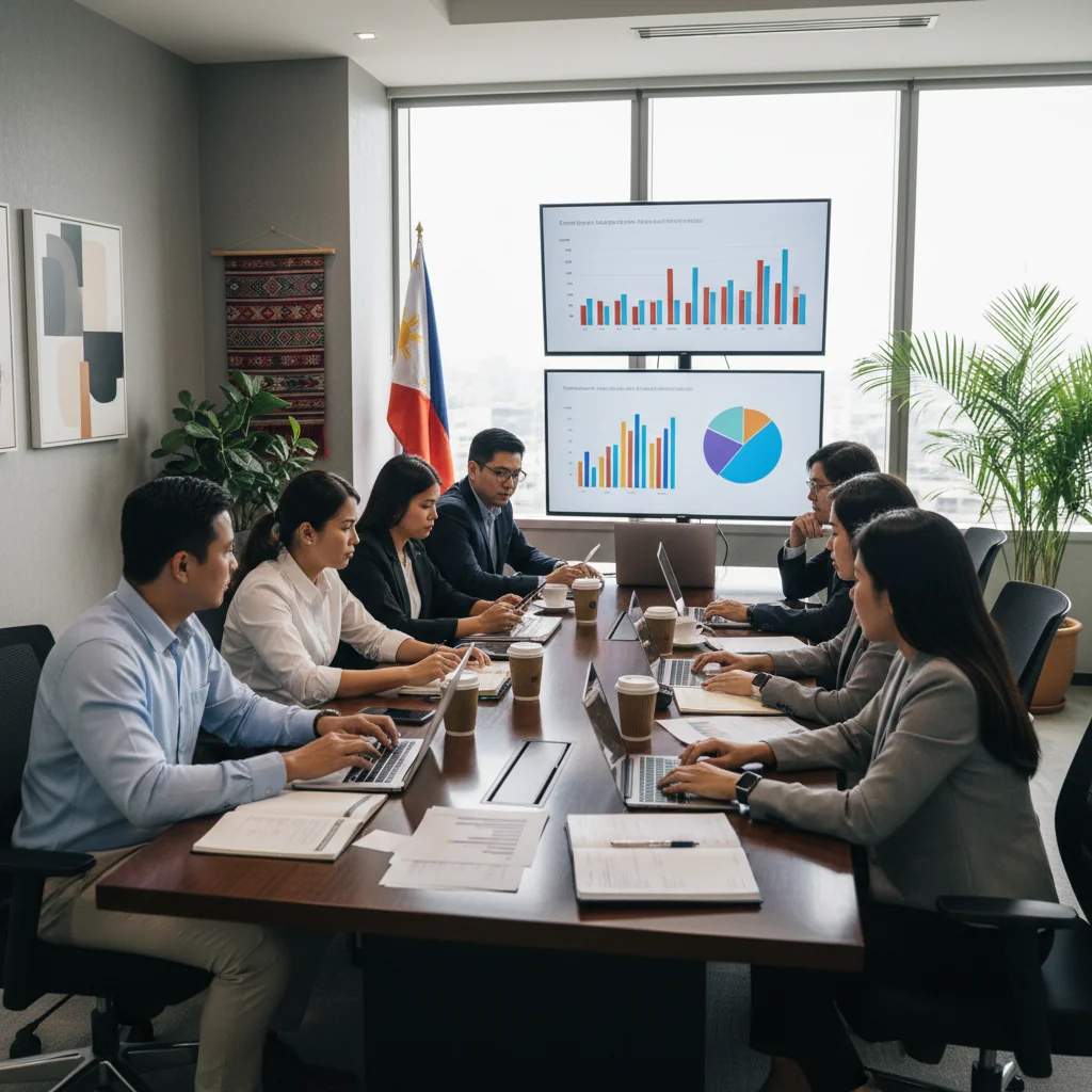 A professional business scene in a modern Philippine office, showing a diverse group of adult Filipino business professionals collaborating around a conference table, updating financial records on laptops and documents, with Philippine flag elements in the background, symbolizing proper company stock management and compliance.