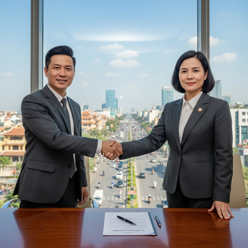 A photorealistic image of two professional adults in business attire shaking hands in a modern corporate office setting, symbolizing the transfer and agreement of shares in a Vietnamese company, with subtle Vietnamese elements like a flag or Hanoi skyline in the background, conveying trust and legal partnership without showing any documents.