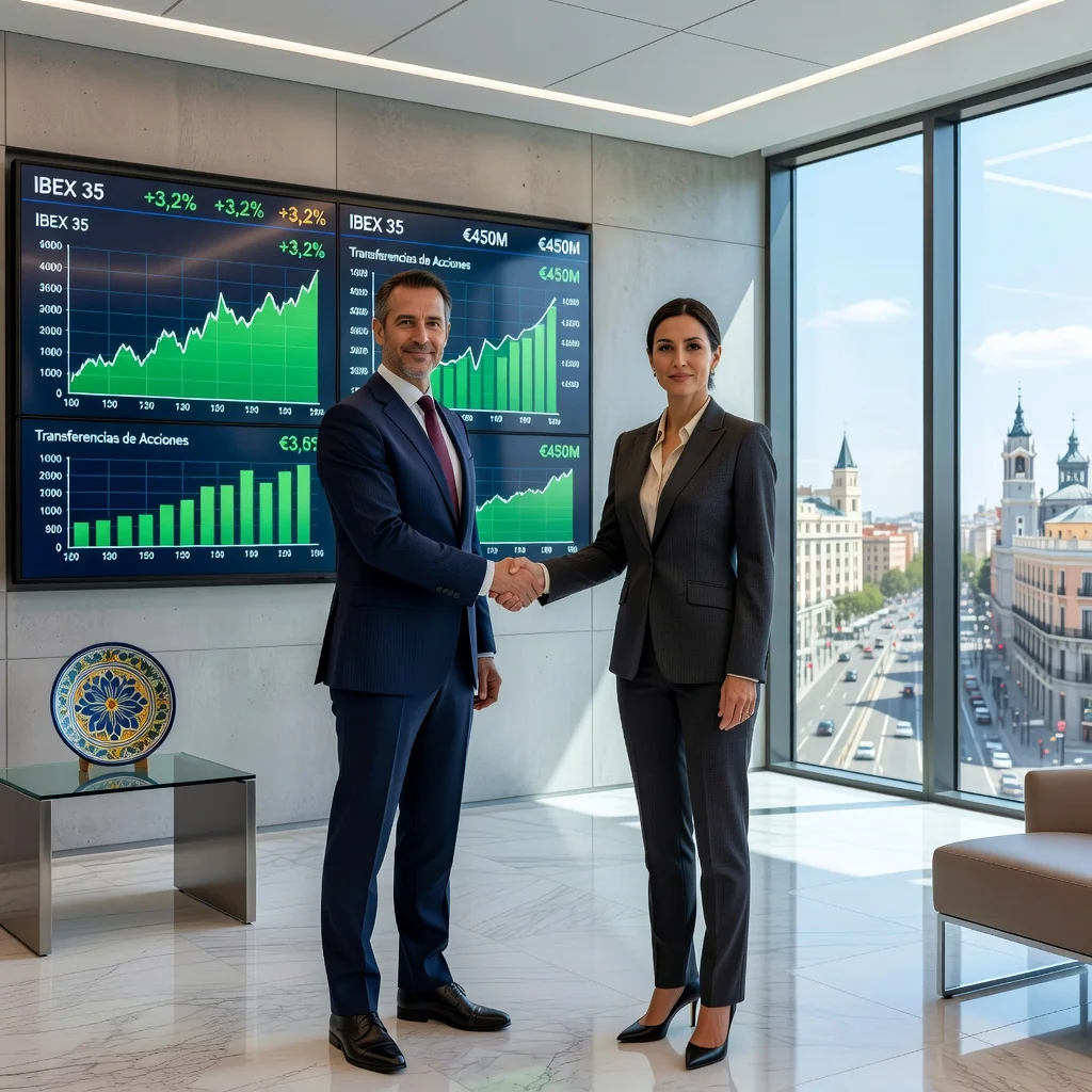 A photorealistic image of a professional adult man and woman in a modern Spanish office, shaking hands over a conference table with stock market charts and graphs displayed on a large screen behind them, symbolizing the transfer of shares in a business deal. The scene conveys trust, agreement, and financial transaction in Spain, with subtle Spanish elements like a flag or Madrid skyline in the background. No children present.