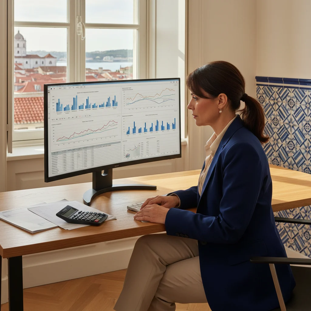 A photorealistic image of a professional adult in a modern Portuguese office setting, reviewing financial documents related to stock transfers and taxes on a computer screen, with subtle Portuguese architectural elements in the background like azulejo tiles, conveying themes of legal and financial transactions in stock ownership transfer without showing any legal documents directly.