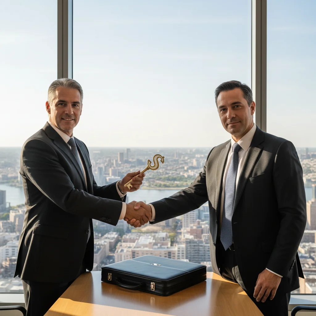 A professional scene depicting a business handover, with two suited adults shaking hands in a modern office setting, symbolizing the transfer of company shares, conveying trust and agreement in a legal transaction.