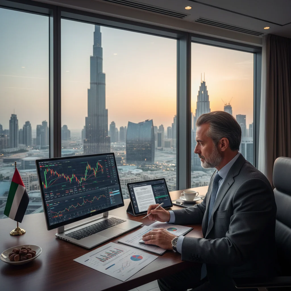 A photorealistic image representing the preparation of a stock transfer model in the UAE, showing a professional businessperson in a modern office in Dubai, reviewing financial documents on a computer, with UAE skyline visible through the window, symbolizing business transactions and stock transfers in the region.