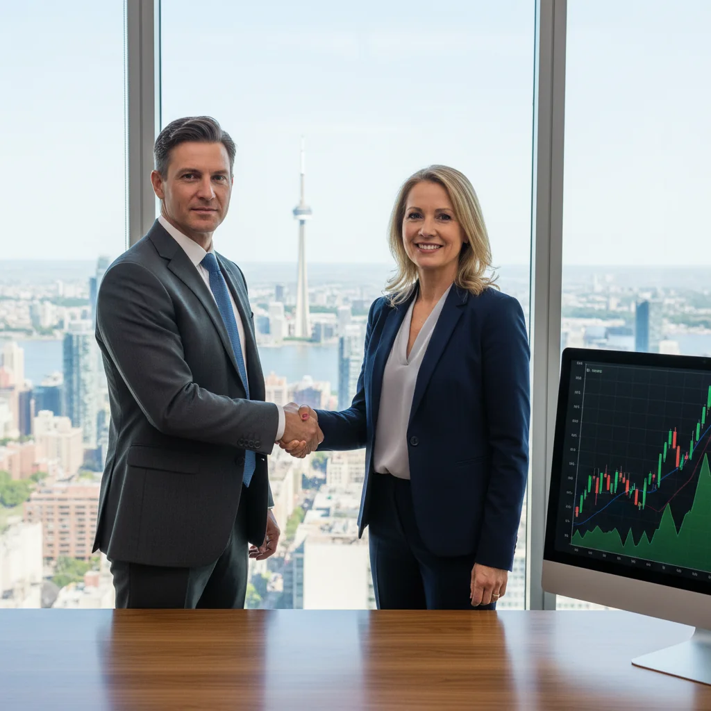 A photorealistic image of two professional adults in a modern Canadian office setting, shaking hands over a desk with stock market charts and graphs visible on a computer screen in the background, symbolizing a stock transfer agreement. The scene conveys trust, business partnership, and financial transaction without showing any legal documents. No children are present.