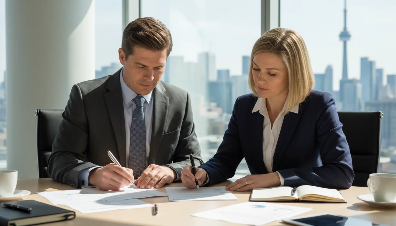 Business professionals signing stock form