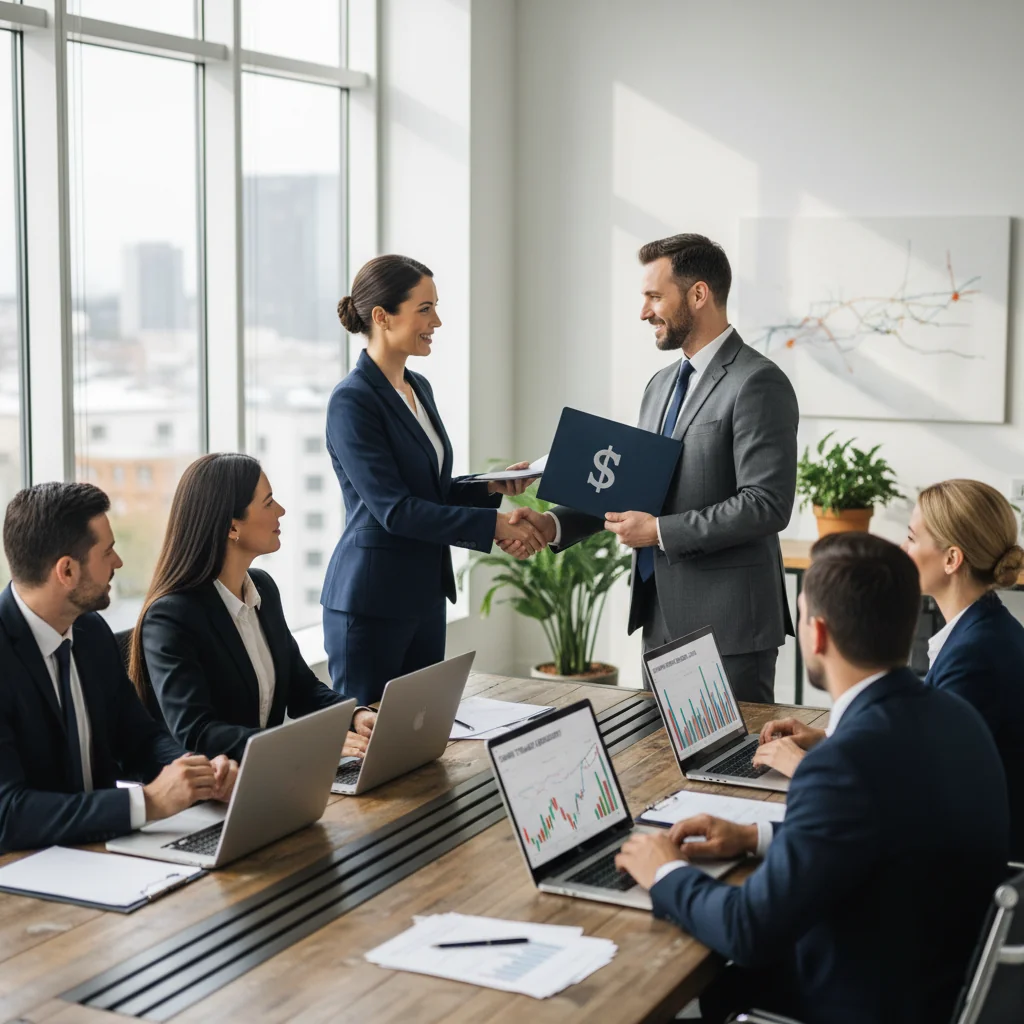 A photorealistic image of a professional business meeting where adults are discussing and transferring stock ownership documents, symbolizing the process of share transfer procedures, in a modern office setting with diverse adult professionals shaking hands over a table with subtle financial charts in the background.