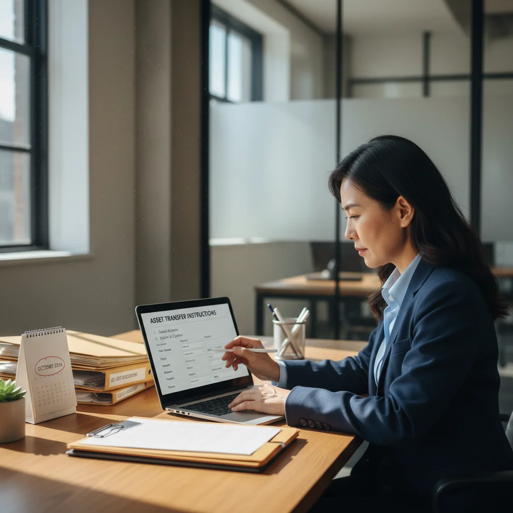 A professional adult individual in a modern office setting, meticulously reviewing and completing a transfer form on a computer, symbolizing the accurate filling of transfer documents, with a focused and confident expression, no children present.