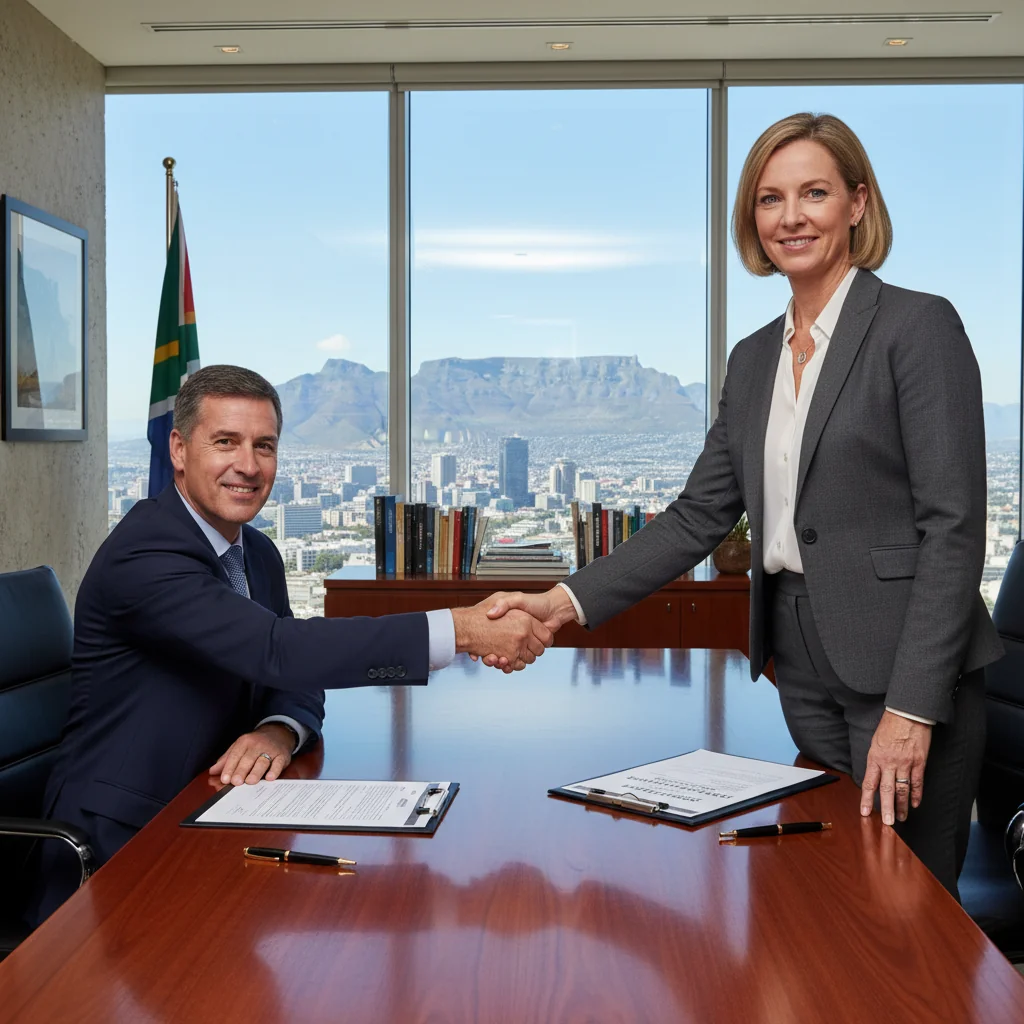 A photorealistic image of two professional adults in a modern South African business office, shaking hands over a conference table with subtle South African flag elements in the background, symbolizing a successful share transfer agreement in a company, conveying trust and partnership in a corporate setting.