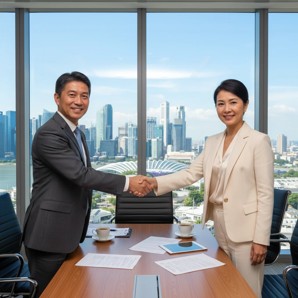 A photorealistic image of two professional adults in a modern Singapore office, shaking hands over a conference table with a city skyline view in the background, symbolizing a successful property transfer agreement.