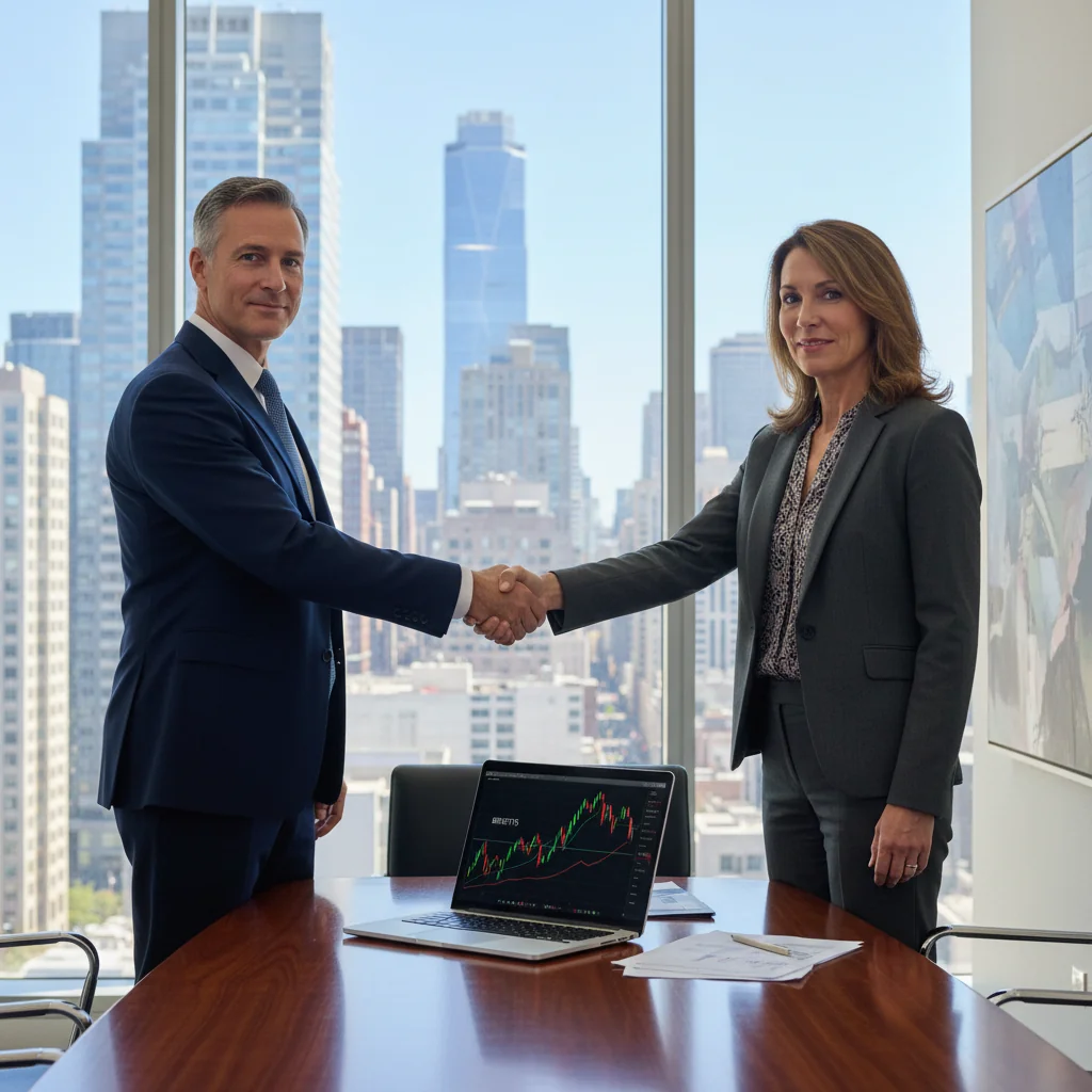 A photorealistic image of two professional business adults, a man and a woman in business attire, shaking hands across a conference table in a modern office setting, with stock charts and graphs subtly displayed on a computer screen in the background, symbolizing the benefits and risks of stock transfer, no children present.