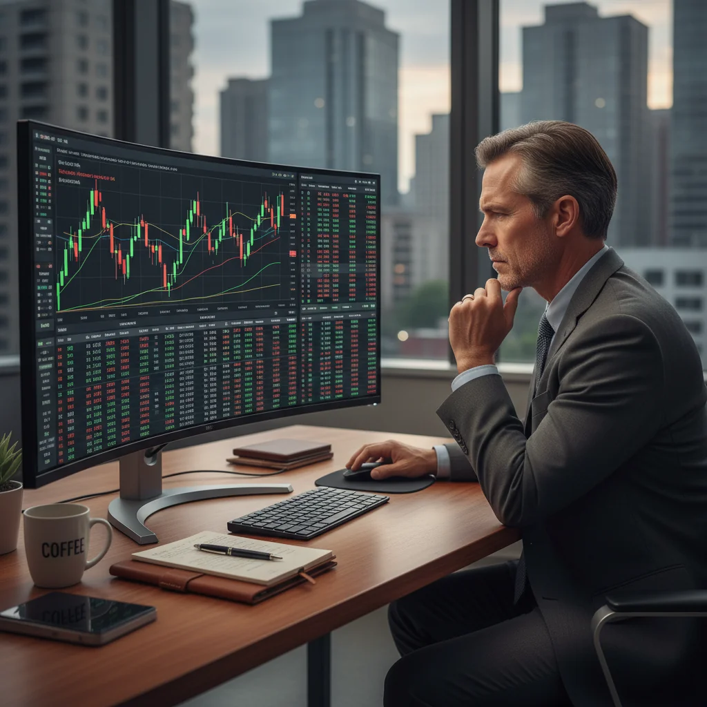 A photorealistic image of a professional adult in a modern office setting, carefully reviewing financial documents on a computer screen related to stock transfers, symbolizing the importance of accuracy in handling stock transfer forms. The scene conveys focus and caution, with charts and graphs visible but no actual forms shown.