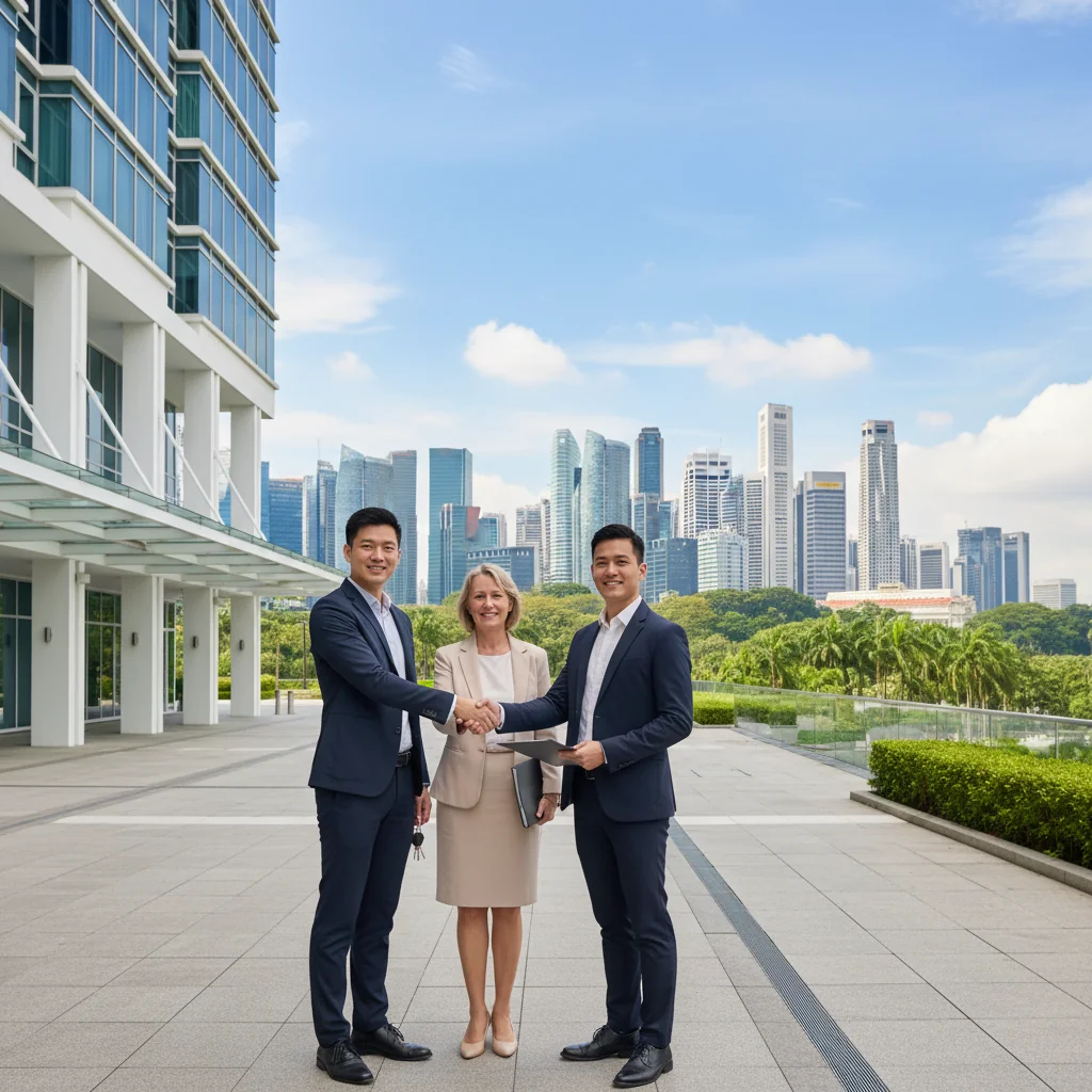 A photorealistic image of a professional couple in their 30s shaking hands with a real estate agent in front of a modern Singapore condominium building, symbolizing the successful transfer of property ownership in a property deal. The scene is set on a sunny day with the Singapore skyline in the background, conveying trust, agreement, and the excitement of homeownership. No children are present.