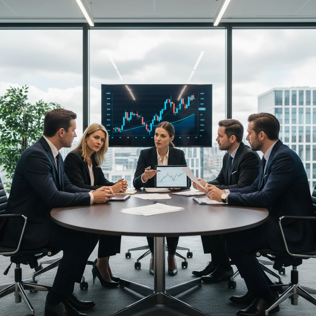 A photorealistic image of a professional business meeting in a modern UK office, where adults are discussing stock transfer documents on a table, symbolizing legal compliance and corporate transactions, with no children present.