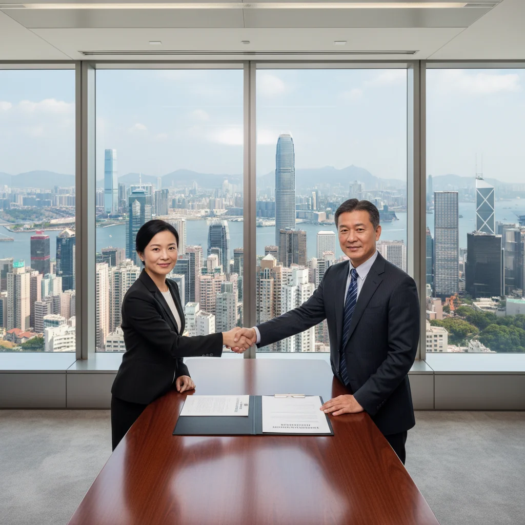 A photorealistic image of two professional adults in a modern Hong Kong office, shaking hands over a business deal involving stock transfer, symbolizing agreement and trust in financial transactions, with the city skyline visible through large windows in the background.