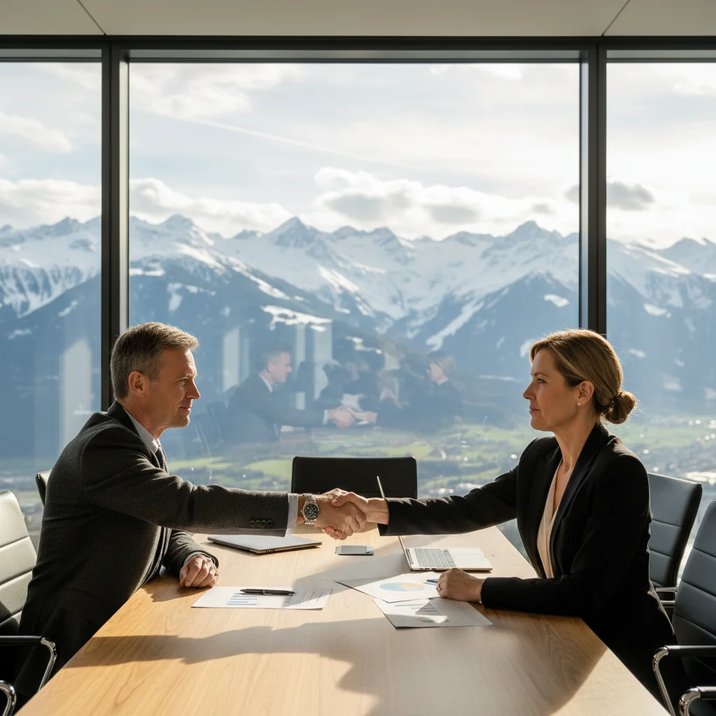 A photorealistic image of a professional business meeting in a modern Swiss office, where two adults in suits are shaking hands over a conference table with Swiss Alps visible through the window, symbolizing stock transfer and partnership in Switzerland.