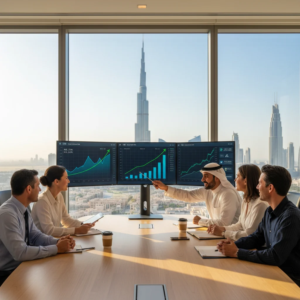A photorealistic image of a diverse group of professional adults in a modern office in the UAE, engaged in stock trading activities. They are looking at large digital screens displaying stock market charts and graphs, with the Burj Khalifa visible through floor-to-ceiling windows in the background, symbolizing business growth and investment in the Emirates. No children are present. The scene conveys confidence, prosperity, and financial opportunity without showing any legal documents.