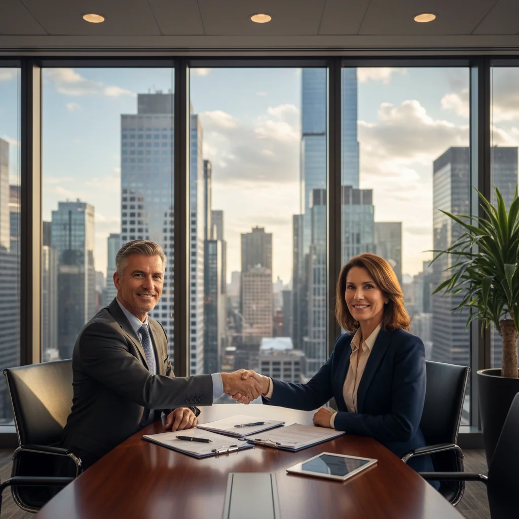 A photorealistic image of two professional adults in a modern office, shaking hands over a business deal, symbolizing the transfer of stock ownership in a corporate setting. The scene conveys trust, agreement, and financial partnership without showing any legal documents.