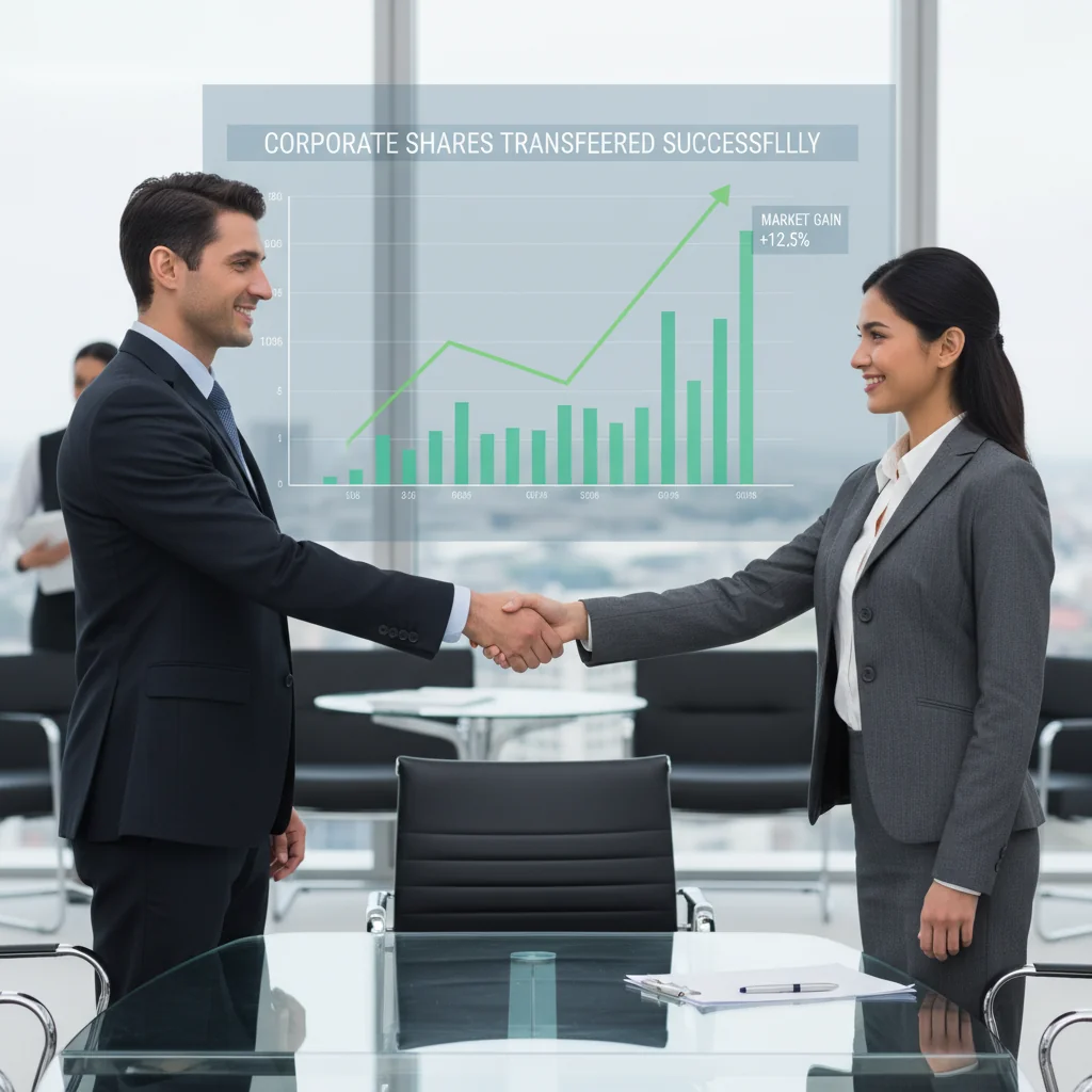 A professional business meeting in a modern office where two adults in business attire are shaking hands over a table, symbolizing the transfer of company shares, with a subtle stock market chart in the background, conveying partnership and investment change without showing any documents.