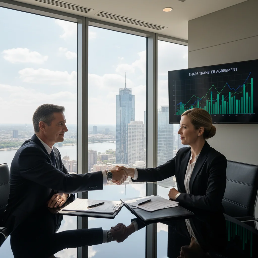 A professional business scene depicting the transfer of company shares, with two suited executives shaking hands across a modern conference table in a corporate office, symbolizing partnership and ownership change, with subtle stock market charts on a screen in the background.