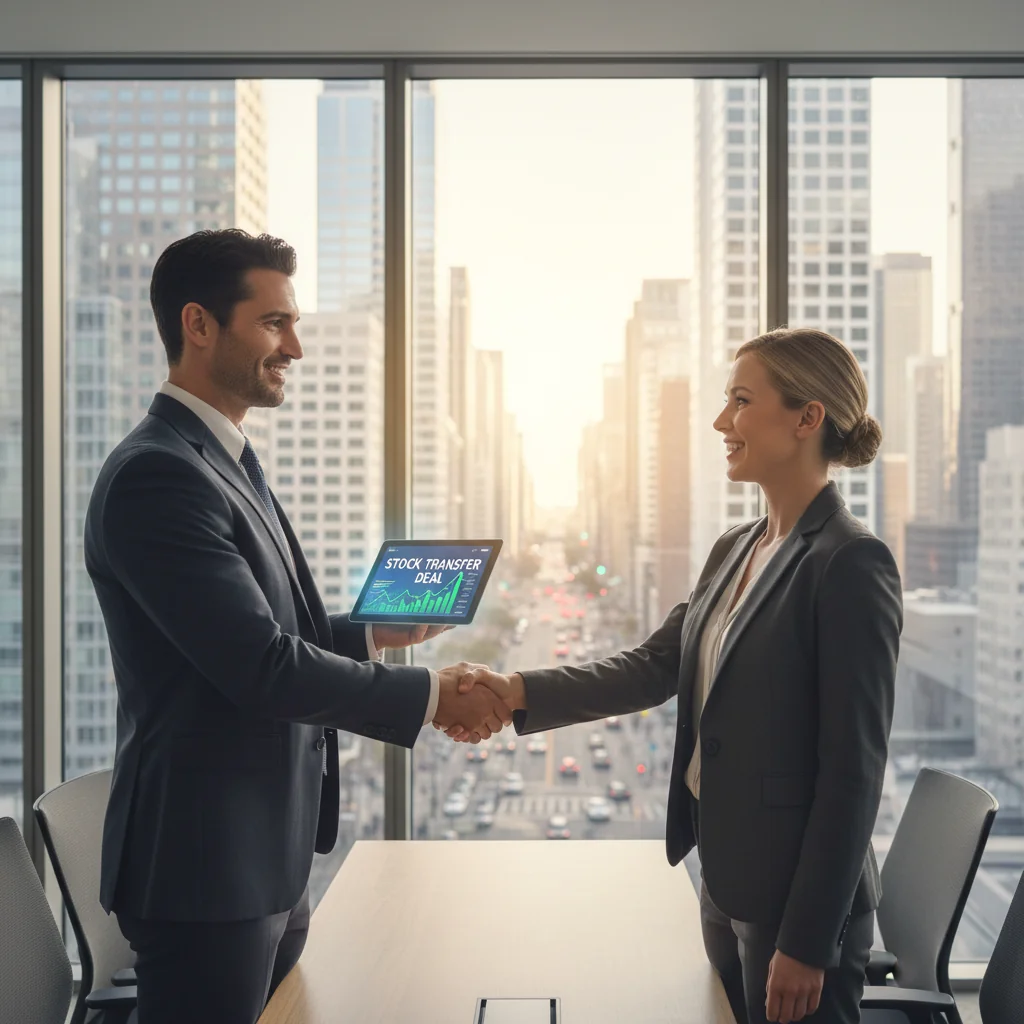 A professional business scene depicting a successful stock transfer agreement, showing two adult business professionals in a modern office shaking hands over a digital tablet displaying stock market charts, symbolizing partnership and investment growth, with a city skyline in the background, no children present.