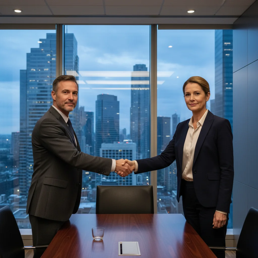 A professional scene depicting the transfer of business ownership, with two middle-aged adults in business attire shaking hands across a conference table in a modern office, symbolizing the successful transmission of company shares, photorealistic style.