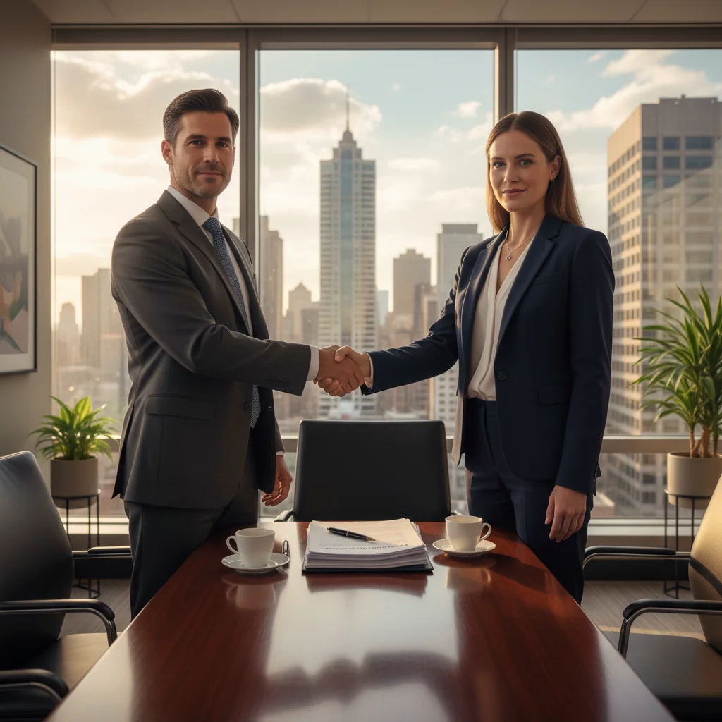 A photorealistic image depicting a professional business handshake between two adults in a modern corporate office setting, symbolizing the transfer of stock ownership and legal agreements in the United States, with no children present.