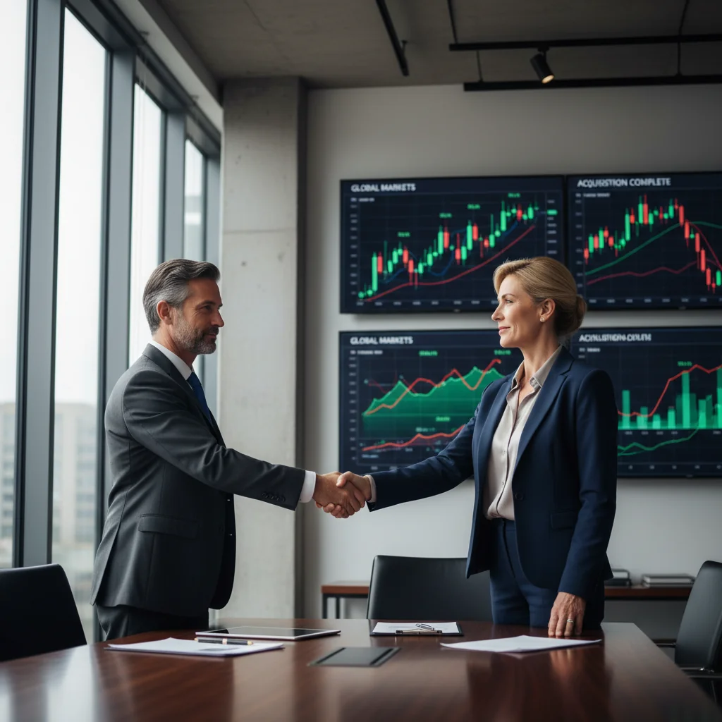 A photorealistic image of two professional adults in a modern office setting, shaking hands over a conference table with stock market charts and graphs displayed on screens in the background, symbolizing a successful stock transfer agreement.