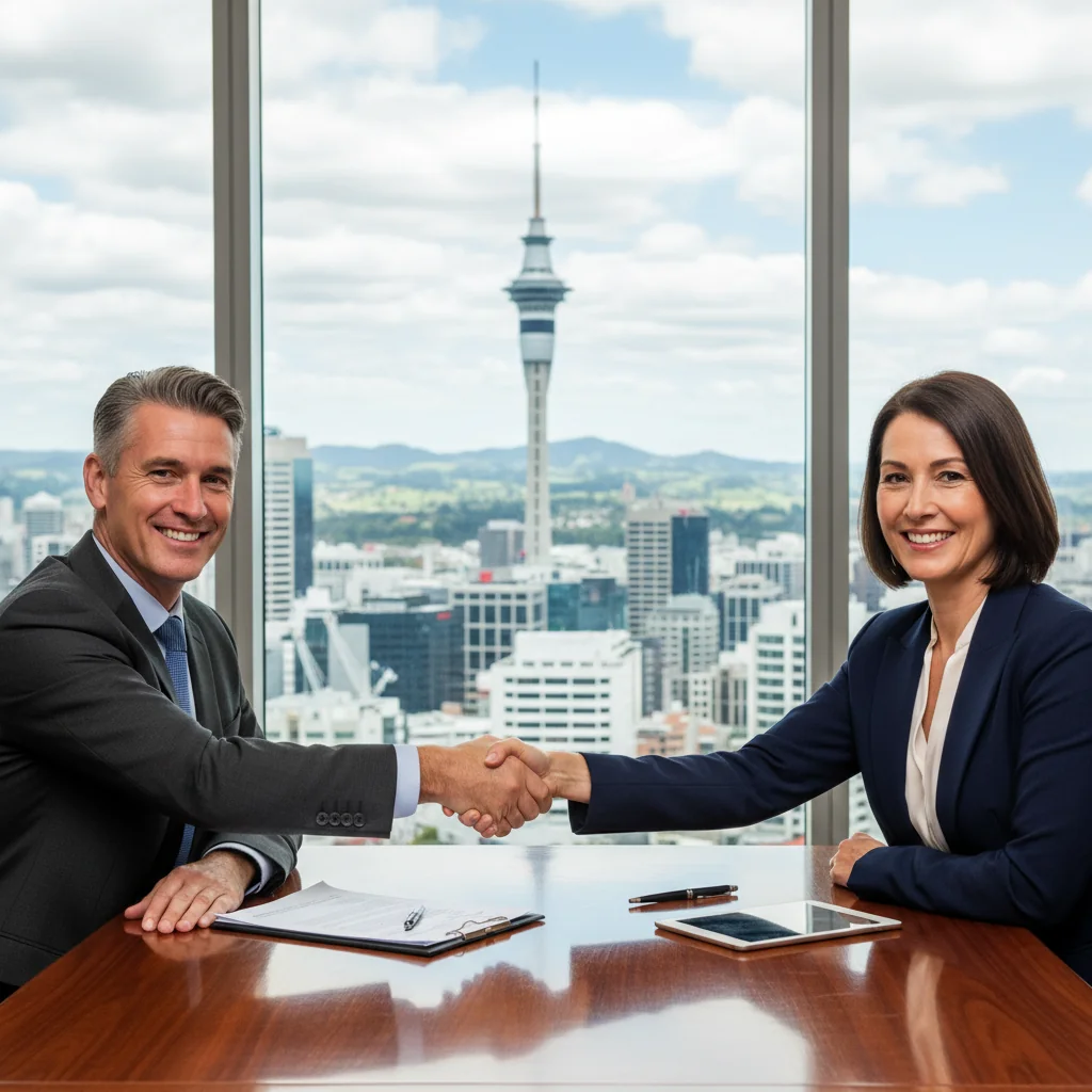 A photorealistic image of two professional adults shaking hands in a modern New Zealand office, symbolizing a successful share transfer agreement, with subtle Kiwi elements like a view of Auckland skyline in the background. No children present.