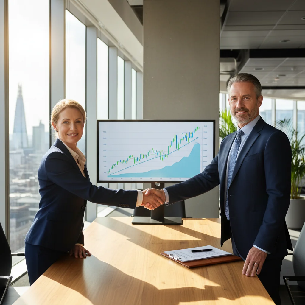 A photorealistic image of two professional adults in a modern office setting, shaking hands over a conference table with stock market charts and graphs visible on a computer screen in the background, symbolizing the successful transfer of shares in a business deal. The scene conveys trust, partnership, and financial transaction without showing any documents or children.