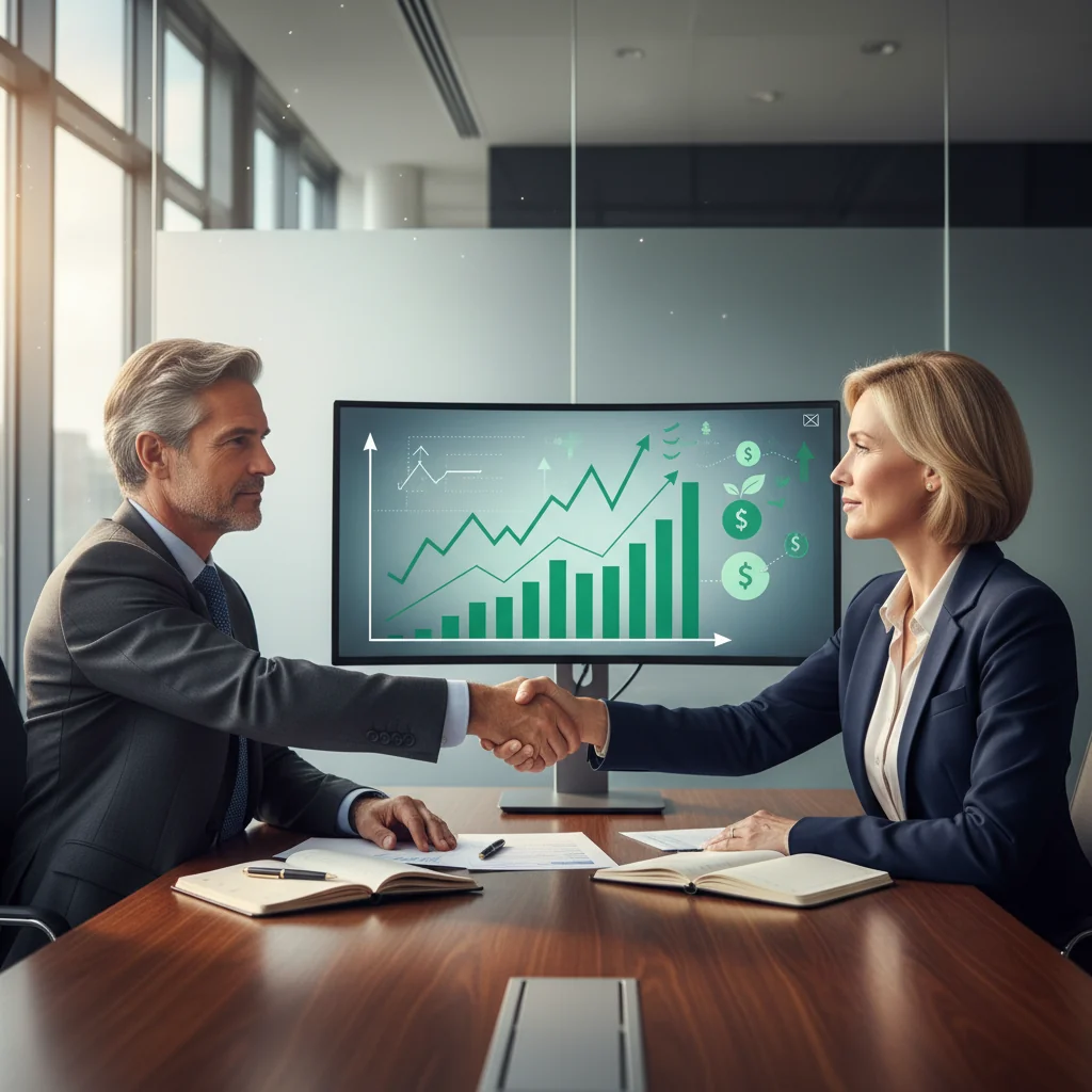 A photorealistic image depicting two professional adults in a modern office setting, shaking hands over a conference table with stock market charts and graphs visible on a computer screen in the background, symbolizing the transfer of shares or stocks in a business deal. The atmosphere is professional and confident, with natural lighting.