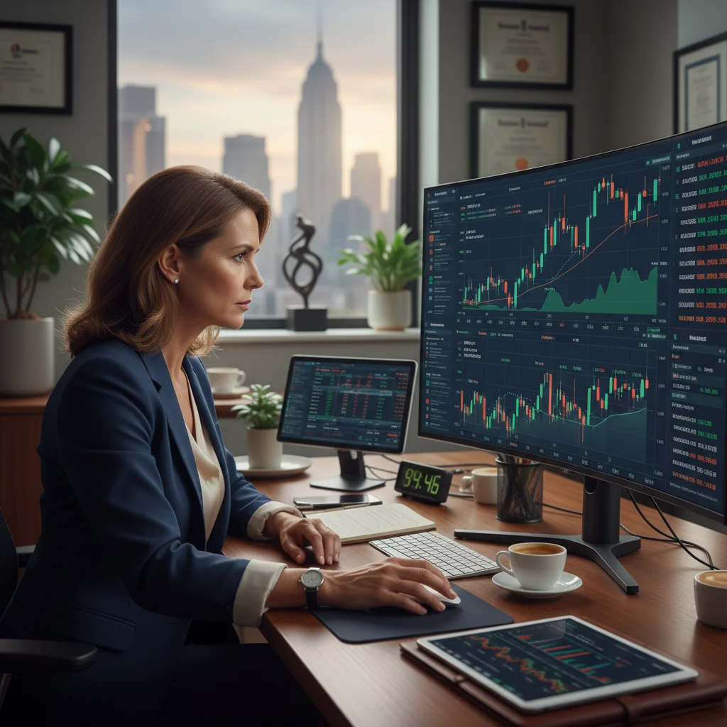 A photorealistic image of a professional adult in a modern office setting, carefully reviewing stock market charts on a computer screen with a focused expression, symbolizing the importance of accuracy in stock transfer processes. No children or legal documents visible.