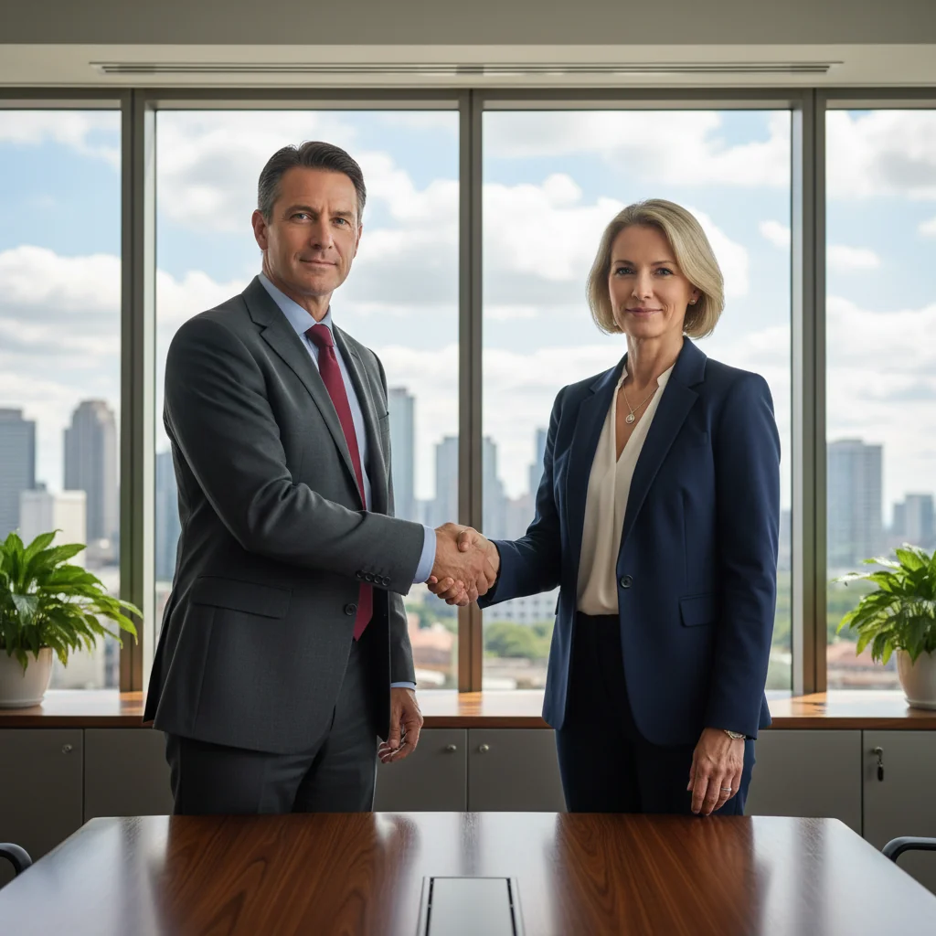 A photorealistic image depicting two adults shaking hands over a desk in a professional office setting, symbolizing the transfer or agreement of shares in a business context. The scene conveys trust, partnership, and financial transaction without showing any documents or text. No children are present.