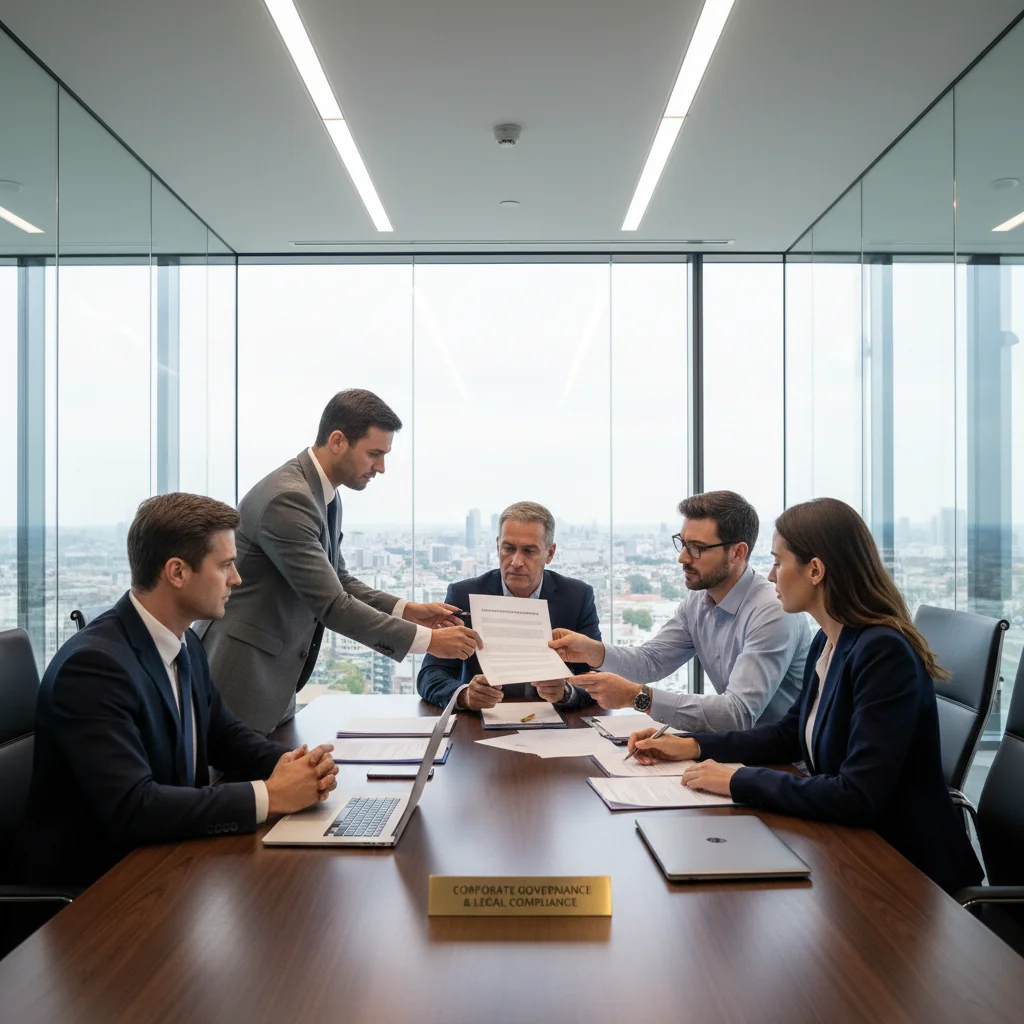 A professional business meeting in a modern conference room where adults are discussing and signing corporate documents related to share transfers in a company, symbolizing legal compliance and business transactions in a GmbH context.