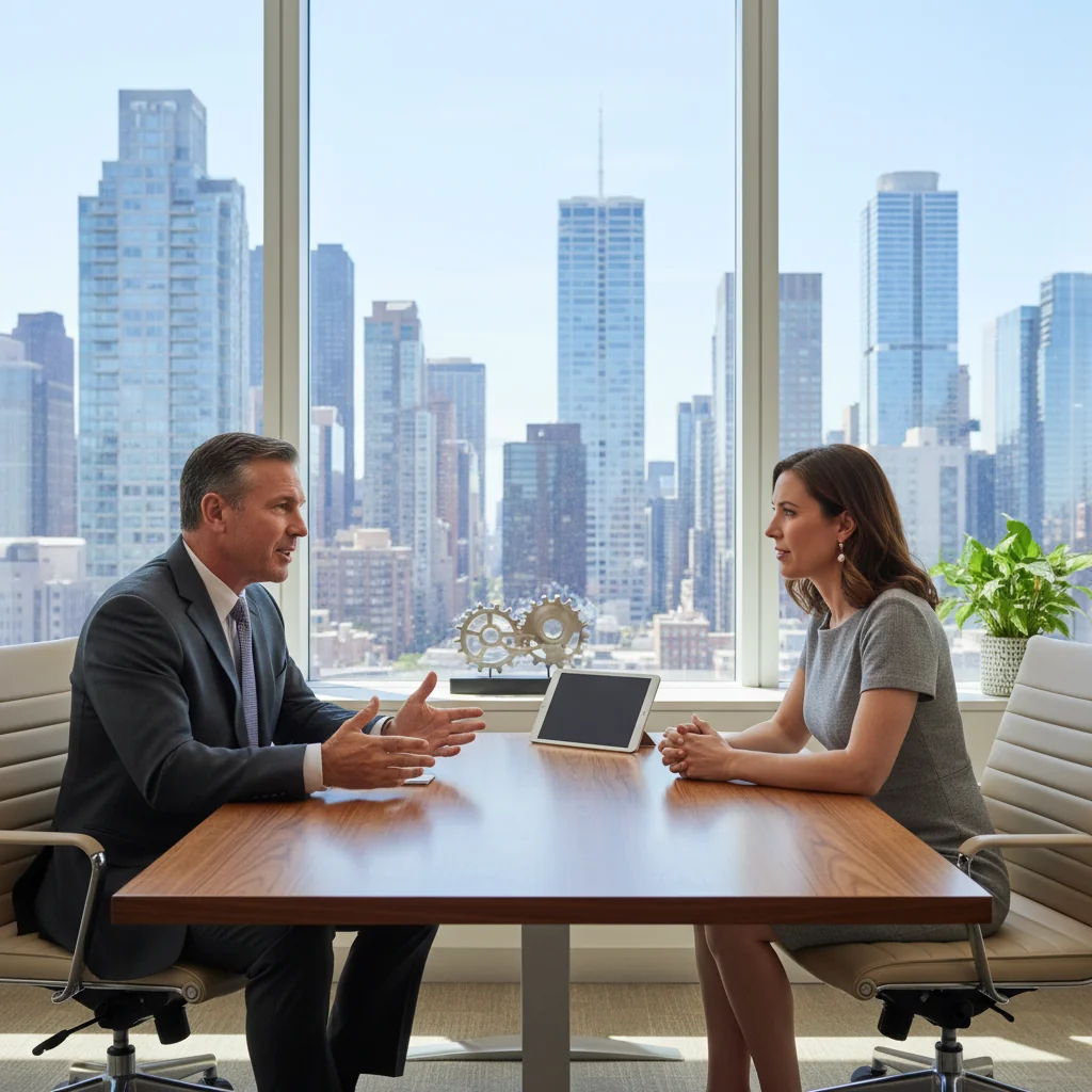 A professional financial advisor in a modern office, confidently discussing stock transfer options with a client, symbolizing the efficient execution of securities transfer orders, photorealistic style.
