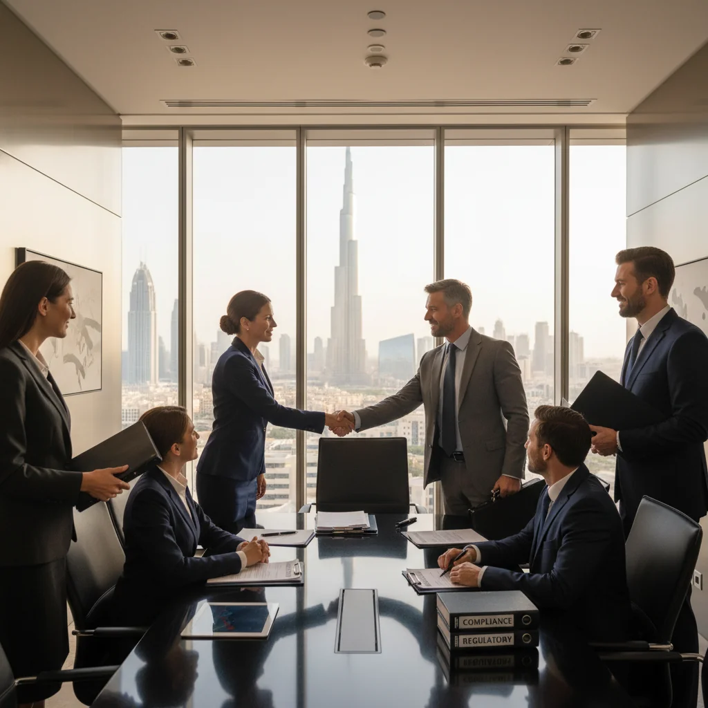 A photorealistic image depicting a professional business meeting in a modern office in the UAE, with diverse adult executives shaking hands over a stock transfer agreement, symbolizing the importance and legal aspects of stock transfers, no children present.